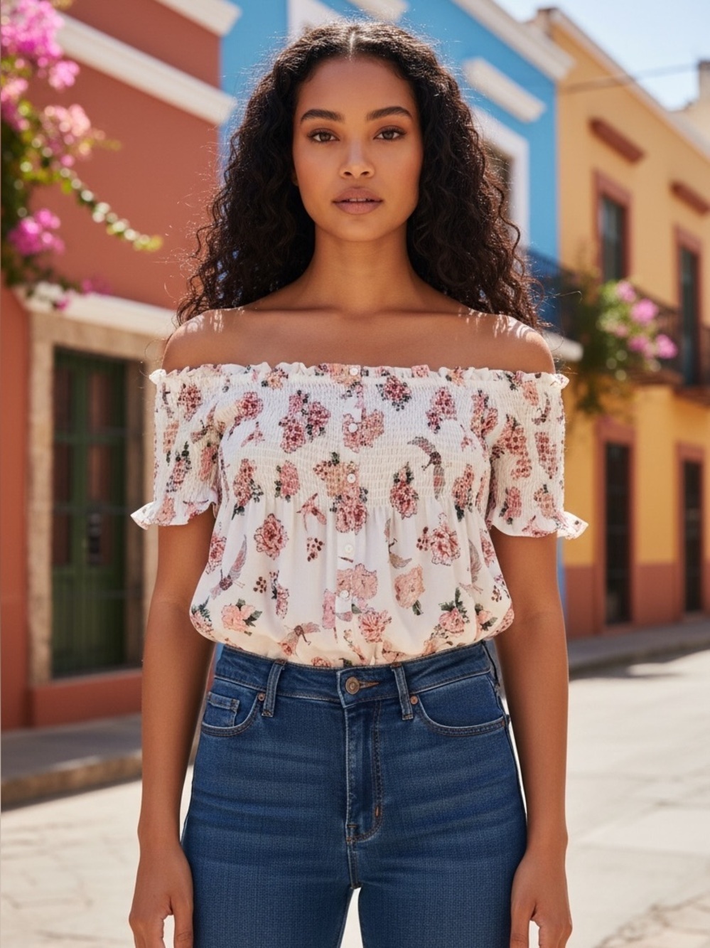 Atmosphere floral off the shoulder smocked top 16